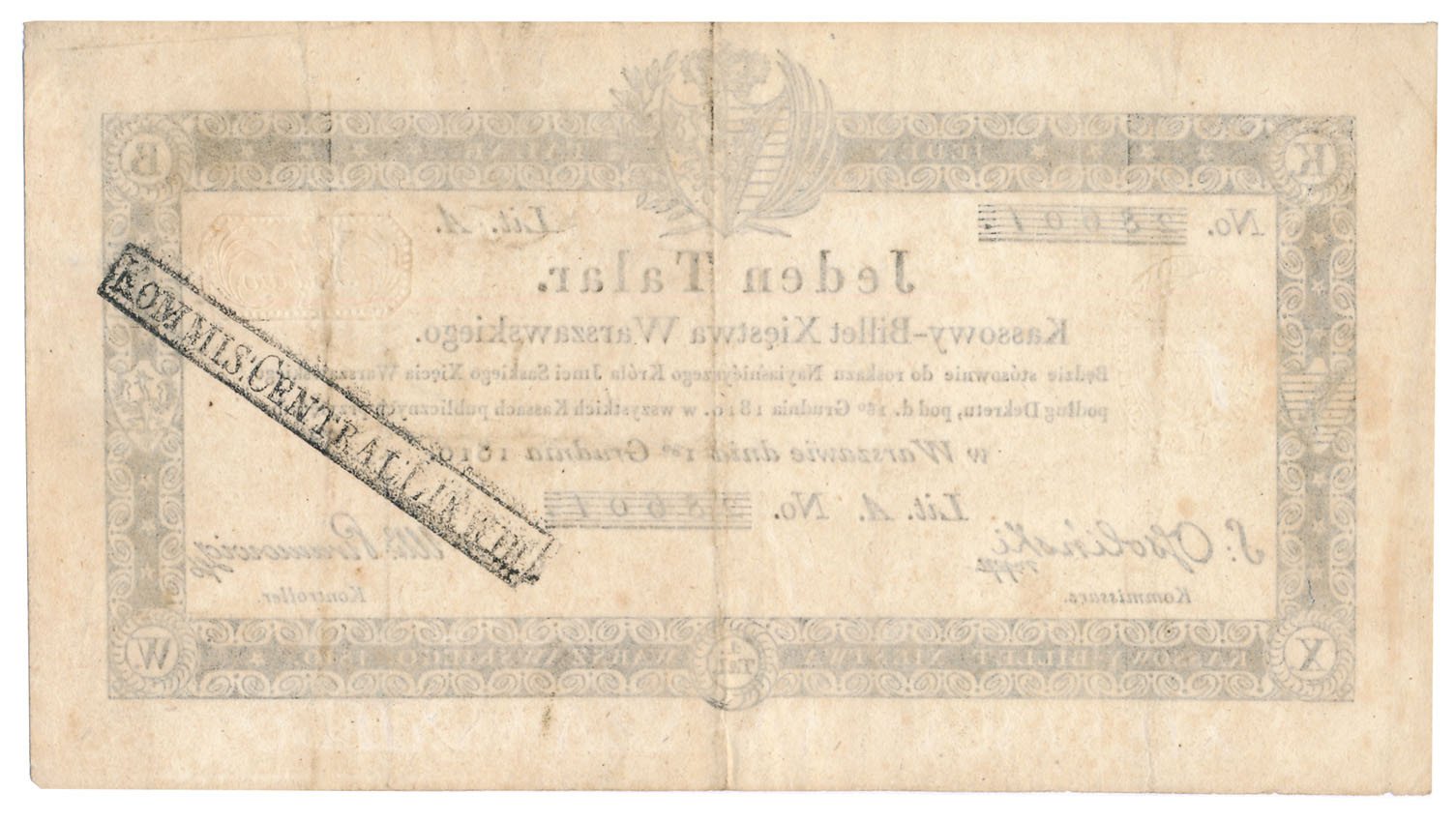 Banknot. Księstwo Warszawskie, 1 talar 1810 seria A - S. Ossoliński/Piramowicz